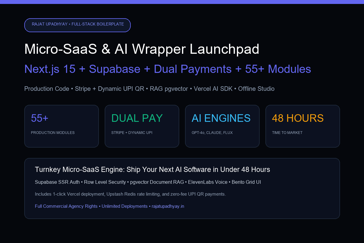 Micro-SaaS & AI Wrapper Launchpad (Next.js 15 + Supabase + Stripe/UPI) — 55+ Production Full-Stack Modules